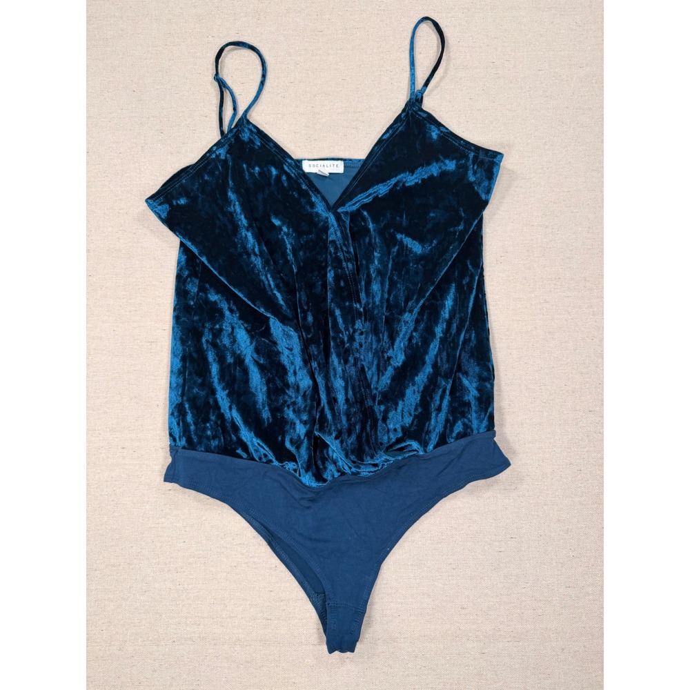 Socialite Womens Teal Blue Crushed Velvet Surplice Bodysuit Medium Sleeveless